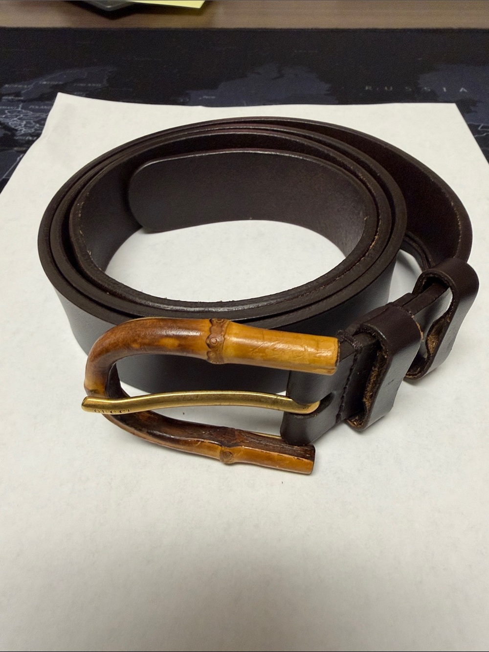 Vintage Black Gucci Dark Brown Leather Bamboo Belt Strap with Embossed Logo